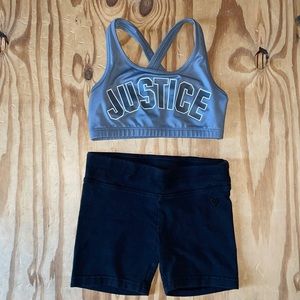 Justice sports bra size 26 (6/7) and bike shorts with 2” inseam size 6/7.